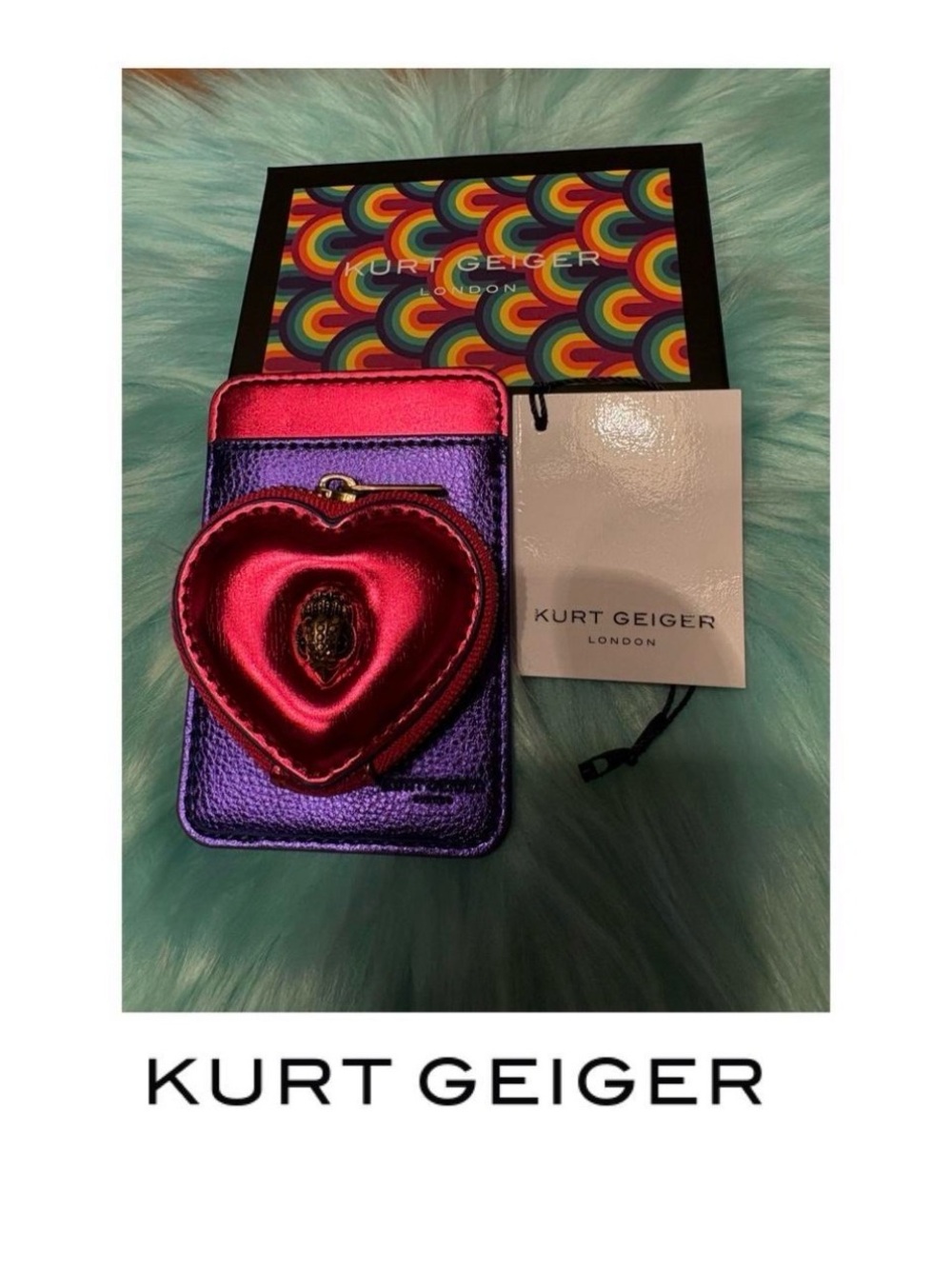 Kurt Geiger Metallic Purple Card Holder with Red-Pink Heart Pouch